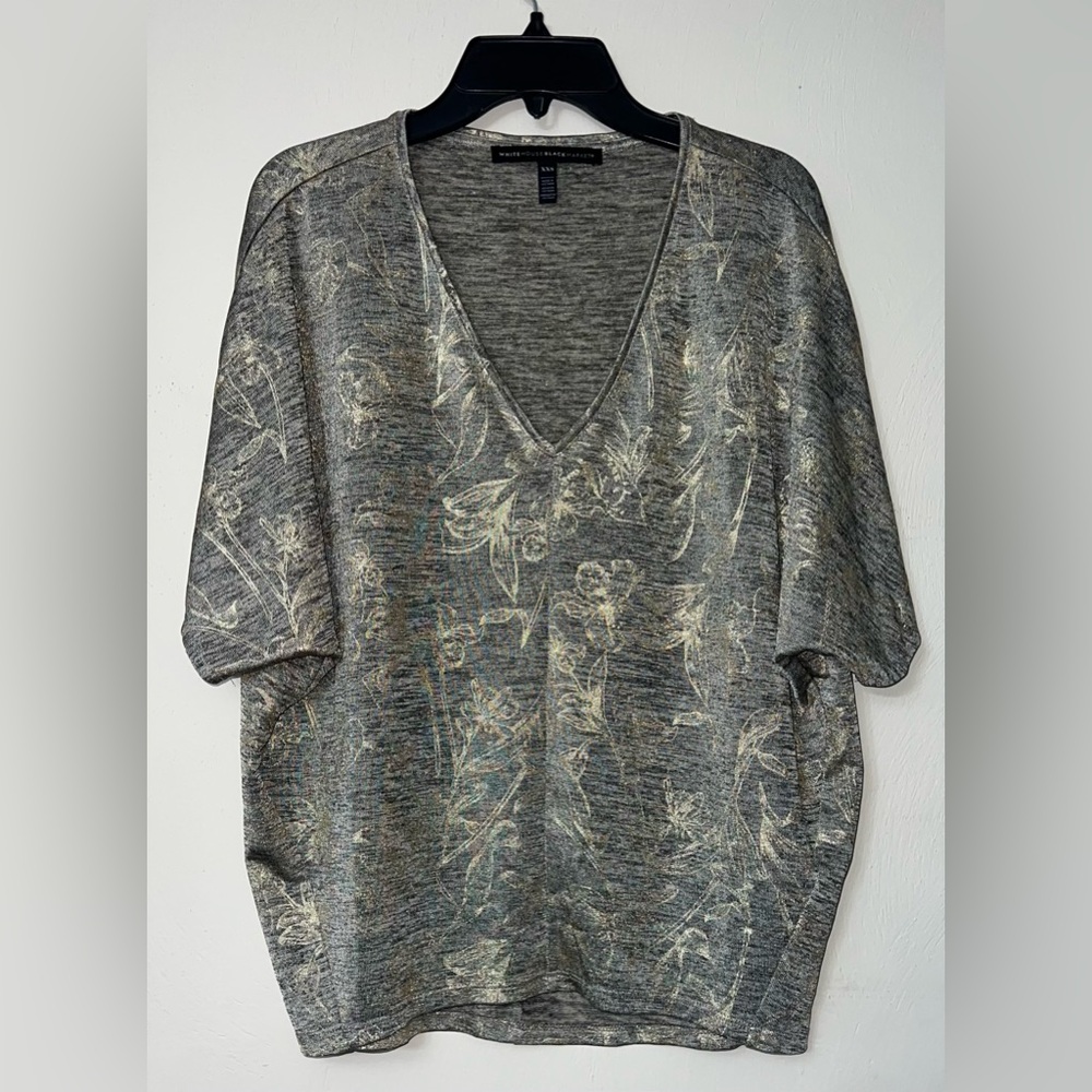 White House Black Market Gray V-Neck Top with Gold Floral Overlay XXS